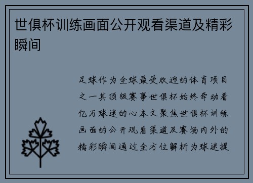 世俱杯训练画面公开观看渠道及精彩瞬间