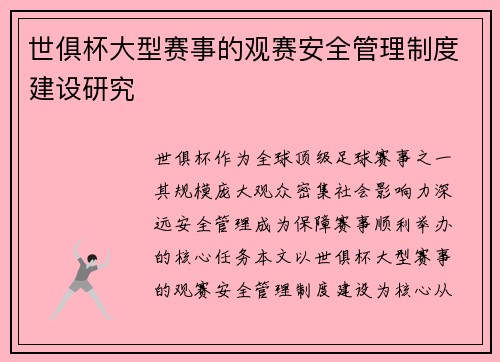 世俱杯大型赛事的观赛安全管理制度建设研究